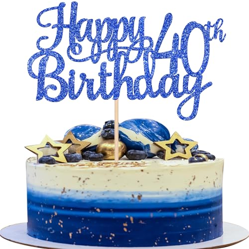 1 PCS Happy 40th Birthday Cake Topper Glitter Cheers to 40 Years Birthday Cake Pick 40 Fabulous Cake Decoration for Happy 40th Birthday Anniversary Party Decorations Supplies Blue (Blue / 40th)