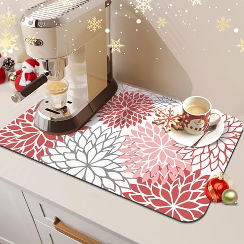 2Pcs Floral Christmas Dish Drying Mat & Sink Splash Guard (Red / 16" X 24" + 24" X 5.5")