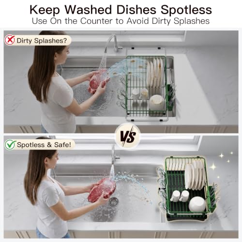 Green Dish Drying Rack in Sink with Drainboard and Utensil Holder (Green / For 12"-30"w Sink, with Drainboard)