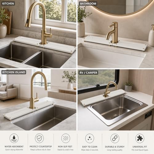 2PCS Stone Faucet Mat for Kitchen Sink (24"x 4" - White - Gold)