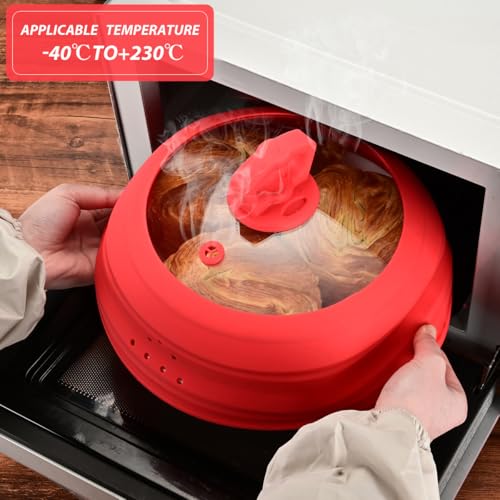 Microwave Splatter Cover Vented Glass Splatter Guard Lid with Collapsible Silicone for Food as Pot Cover Plate 10.8 inch (Regular style 10.8 inch / Red)