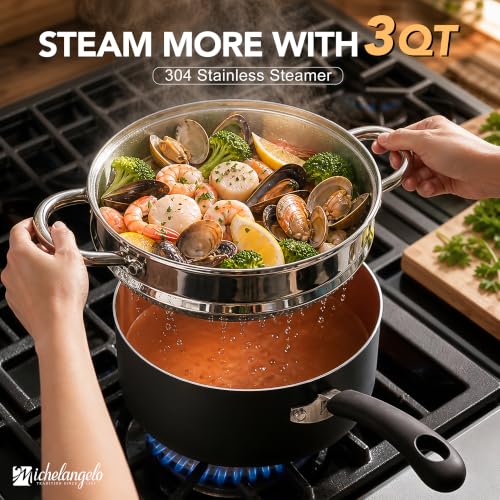 Nonstick Saucepan Set with Lids & Steamer (Silver / 1+2+3QT)