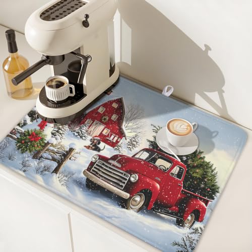 Red Truck Dish Drying Mat Winter Xmas Tree Drainer Rack Pad 18"x24" Microfiber Absorbent Quick Dry Dish Sink Mat for Table Kitchen Counter (Red Truck Snowman / 18x24 inch)