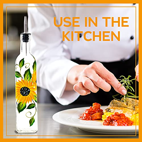 17oz Hand Painted Glass Olive Oil Bottle Dispenser (sunflower2)