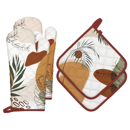 Boho Leaf Oven Mitts and Pot Holders Set (Boho Leaf / Oven Mitt x2 & Pot Holder x2)