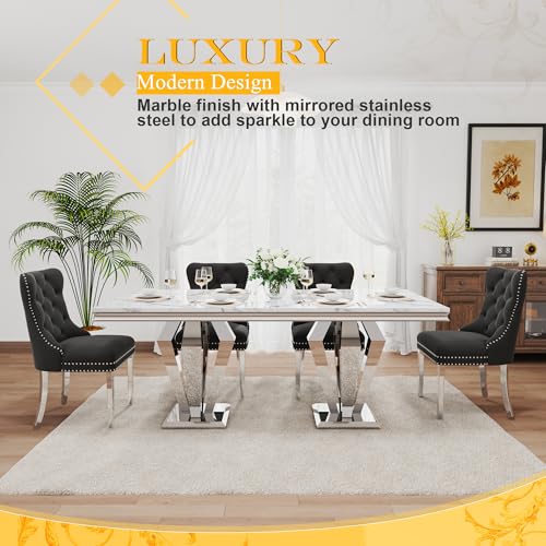 7 Piece Luxury Dining Room Set (Silver White + Black / Dining Table + 6 Velvet Chair)