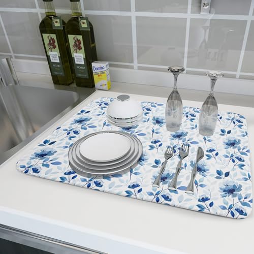 Blue Floral Dish Drying Mat 18x24 inch Flower Leaves Dish Rack Pad Microfiber Washable Dishes Drainer Pad Kitchen Countertop Accessories (Blue Floral / 18" x 24")