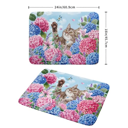 Cute Dish Drying Mats for Kitchen Counter Large 18 X 24 In（Spring Cat Blue） (Colorful Hydrangea Cat / 24" x 18")