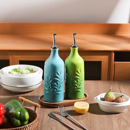 Sweejar Ceramic Olive Oil Dispenser Bottle (Gradient Blue Gradient Green / 20 oz, Set of 2)