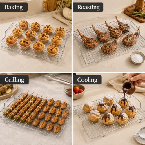 4 Pack Heavy Duty Wire Cooking Rack Baking Racks with Handle 14.1" x 10.7" (Silver)
