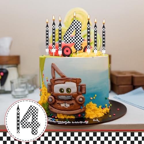 13 Pcs Racing Cars Themed Birthday Candles Black and White Race Number 4 Checkered Candle Cake Topper for Racing Car Party Decoration Supplies (13 Count)