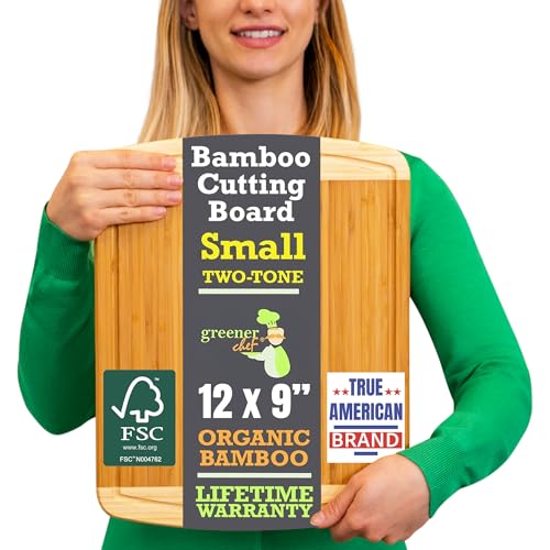 12 Inch Small Bamboo Cutting Board with Lifetime Replacements (Two-Tone / 12"L x 9"W)