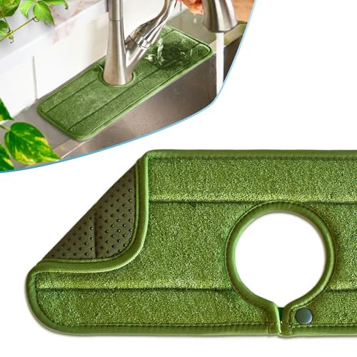 Original SINKMAT 15in Faucet Splash Guard Extra Long Microfiber Sink Drip Catcher Mat Non Slip Countertop Protector Drying Pad Kitchen Bathroom RV Machine Washable [Moss Green] (15" x 5.4")