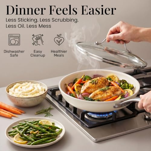 20 Pc Ceramic Cookware Set with Knives Set (Cream)