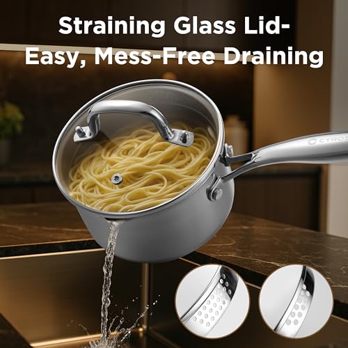 Tri Ply Stainless Steel Sauce Pan with Steamer Basket & Straining Glass Lid (3.5 QT)