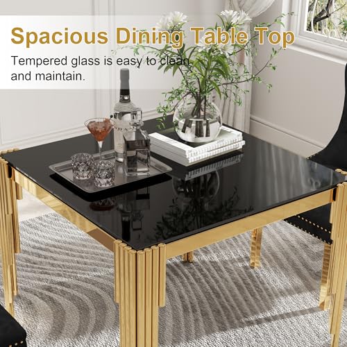35'' Modern Square Glass Dining Table for 4 People (Gold-black / Square-35.43" L x 35.43" W x 29.53" H)