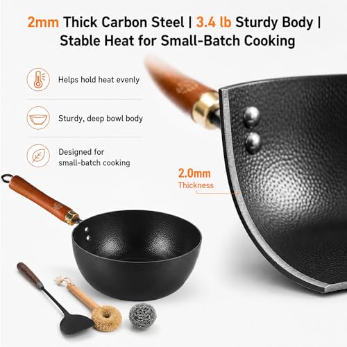 8.7 Inch Carbon Steel Mini Wok with Wooden Lid (8.7 inch)