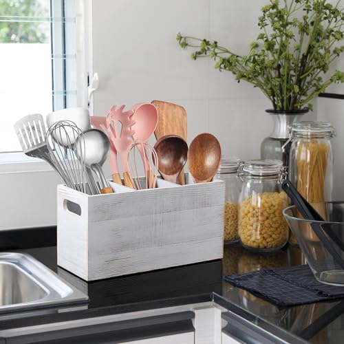 Rustic White Utensil Holder with Removable Divider (White / 3 Compatment)