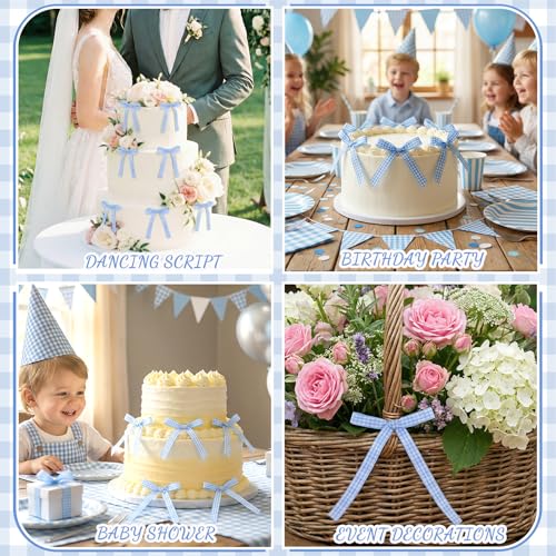 30 Pack Bow Cake Toppers Blue Gingham Ribbon Bows for Cake (Blue Plaid)