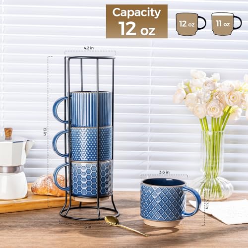 12 OZ Stackable Coffee Mugs Set of 4 (Moonlight Blue / 12oz (With Stand))