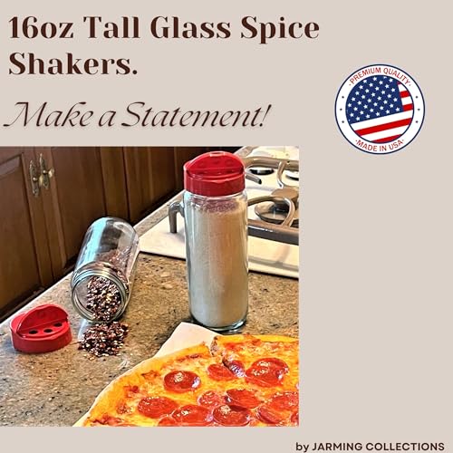 Glass Spice Jars with Shaker Lids (Tall Spice 16oz Red 7 Holes Set of 3)