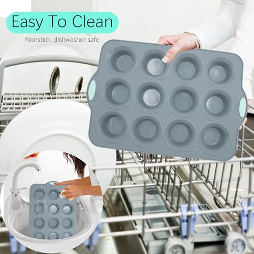 2Pack Silicone Muffin Pan with Metal Frame (2-Pack 12-Cup 3.14-Inch Muffin Pan / Light Grey)