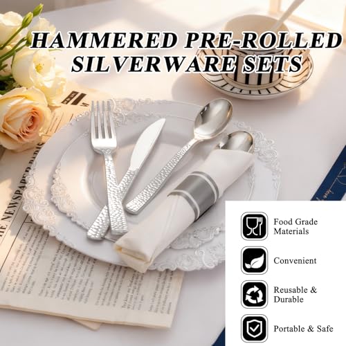 400PCS Silver Wrapped Silverware Set Disposable Hammered for Wedding (Silver - Hammered)