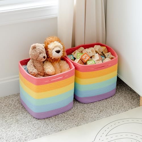 Storage Cubes 11 Inch Cotton Rope Woven Baskets for Organizing (Rainbow)