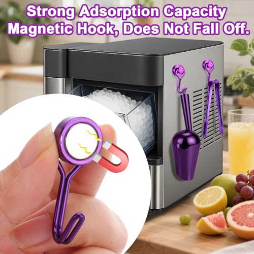 Stainless Steel Ice Scoop for Freezer with Magnetic Hook & Ice Tongs (6oz / Purplr)