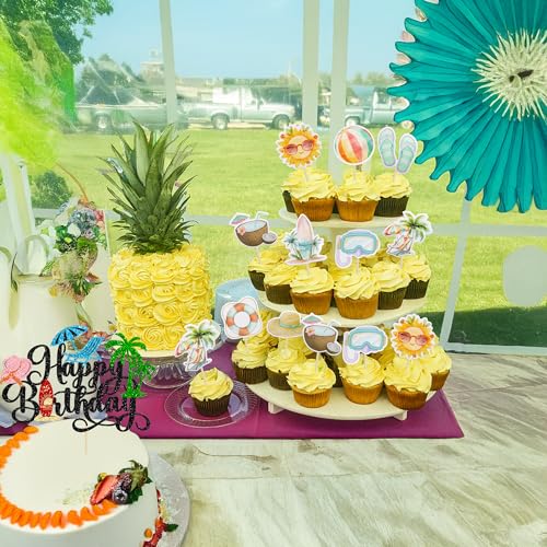 37Pcs Summer Beach Pool Cupcake Toppers Glitter Beach Happy Birthday Cake Topper Ball Sun Umbrella Water Gun Cupcake Picks for Tropical Hawaii Theme Birthday Party Decorations Supplies Black (Black 3)