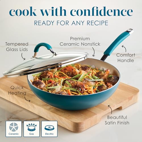 Cucina Ceramic Nonstick Stir Fry Pan and Lid (Wok (11") / Marine Blue)