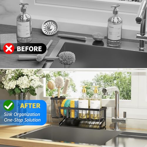 Sink Caddy Sponge Holder for Kitchen with Brush Holder and Stainless Steel Self Drain Tray