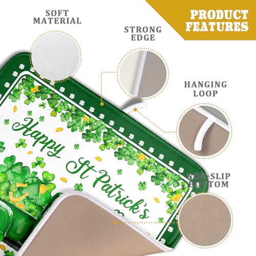 Shamrock Gnome Truck Dish Drying Mat Lucky Clover Dish Drainer Mat 16x18 inch Absorbent Fast Dry Pad for Kitchen Counter Coffee Bar Decor (Shamrock Gnome Truck / 16" x 18")