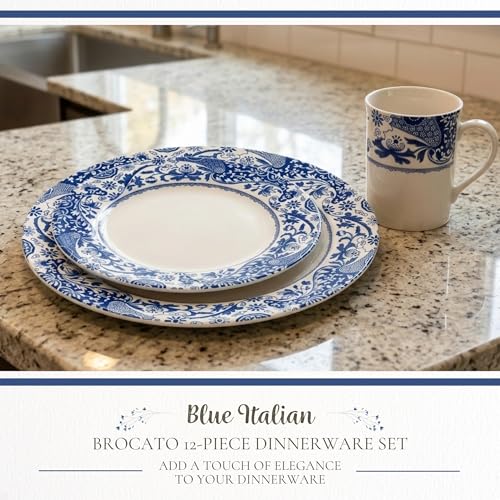 Blue Italian Brocato 12 Piece Dinnerware Set