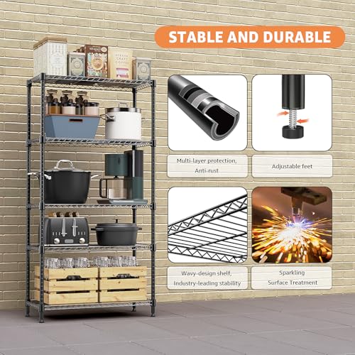 5 Tiers Shelf Metal Storage Shelves Standing 1750 LBs Household Shelf Organizer for Kitchen Pantry Closet Garage Basement Utility Room (5 tier 15.8" D x 45.3" W x 70.4" H / Black)