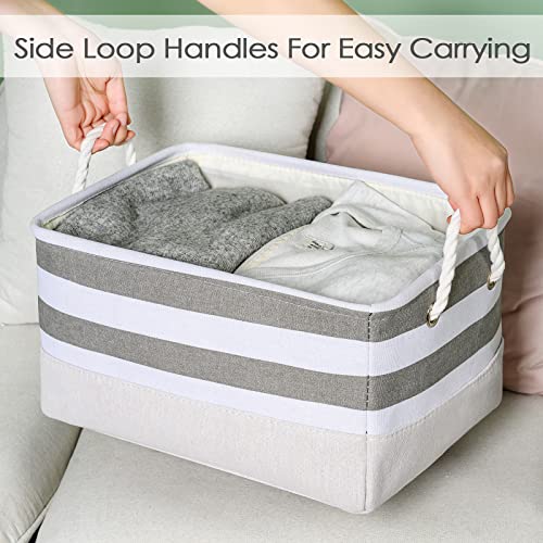 Storage Basket Fabric Basket with Handles Dog Toy Basket Cloth Storage Bin Shelf Basket Decorative Storage Basket Shoe Basket Gift Basket (Grey&White Stripes / Large - 15.7Lx11.8Wx8.3H)