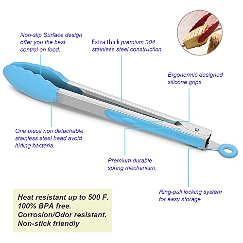 4 Pack Blue Silicone Kitchen Tongs Set (Blue)