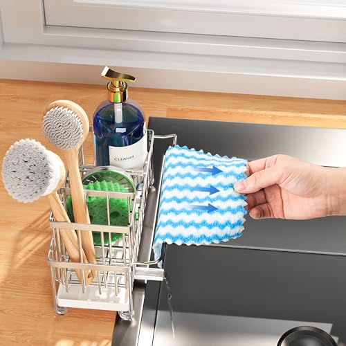Sponge Holder for Kitchen Sink (Silver With Towel Rack - 9.25″)