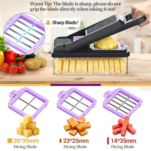 15-in-1 Vegetable Chopper 10 Blades, Veggie Cutter with Handle, Black/Purple (Purple / 10 blades)