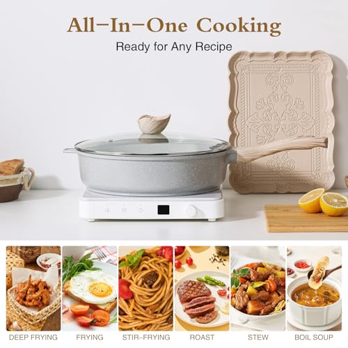 Nonstick Ceramic Deep Frying Pan with Lid (Gray / 12 Inch)