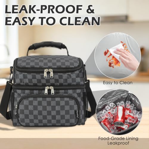 Double Layer Cooler Insulated Lunch Bag Adult Lunch Box Large Tote Bag for Men (PlaidBlack)