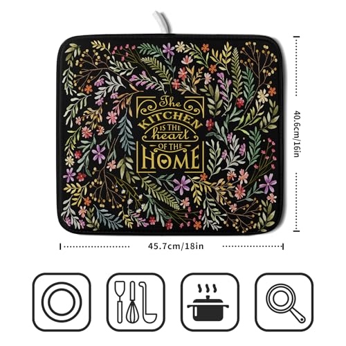 Absorbent Dish Drying Mat Colorful Flowers Microfiber Pad for Kitchen Counter Coffee Bar Decor 16" X 18" (Vintage Leaves Black / 18" x 16")