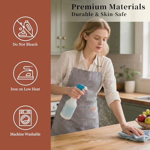 2 Pack Cooking Aprons Adjustable Bib Apron for Women with 2 Pockets (Pink/Beige Stripes)