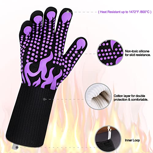 BBQ Gloves 1472 Degree F Heat Resistant Grilling Gloves Silicone Non (long / Purple)