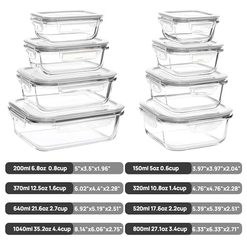 8 Pack Glass Food Storage Containers with Airtight Lids (Grey)