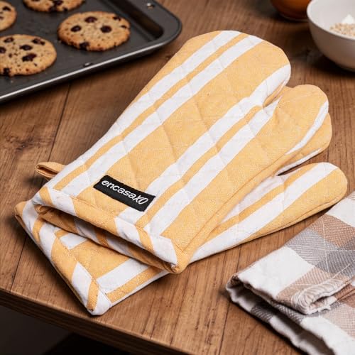 Oven Mitts Heat Resistant Kitchen Gloves (Oven Gloves / Franca Yellow Stripes)