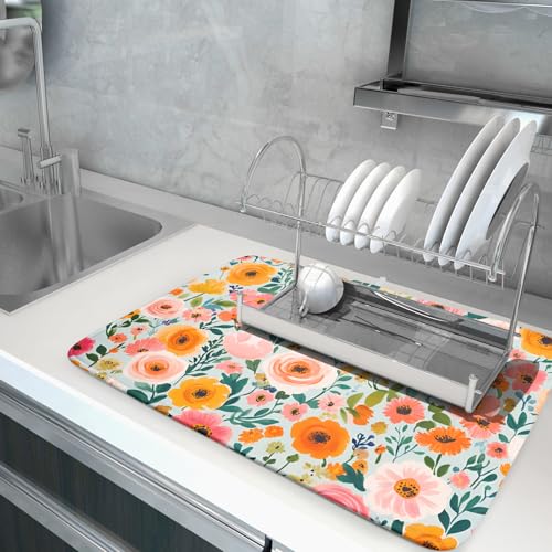 Watercolor Flower Dish Drying Mat (Spring Flowers / 24" x 18")