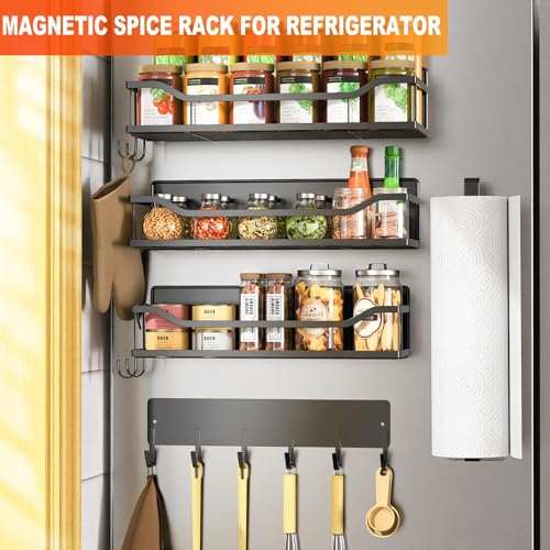 5 Pack Multifunctional Magnetic Shelves for Refrigerator Spice Rack & Washing Machine Organize (Flat style, Black)