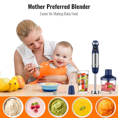 5-in-1 Hand Immersion Blender, 12 Speed Adjustable Emulsifier Handheld Blender, 1000W Copper Motor Stainless Steel Blade Hand Mixer with attachments, Blue (Blue)