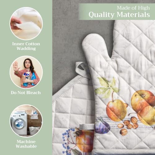 100% Cotton Oven Mitt & Pot Holder Set (089 - Fruit D'hiver / 7.5" x 13" & 8" x 8" (Oven Mitt & Pot Holder))